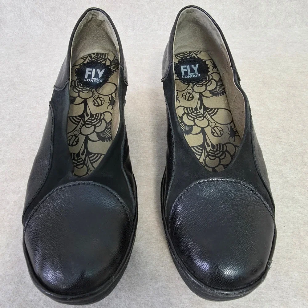 Fly London Black Leather Slip On Wedge Shoes EU‎ 41 Chunky Platform Pumps